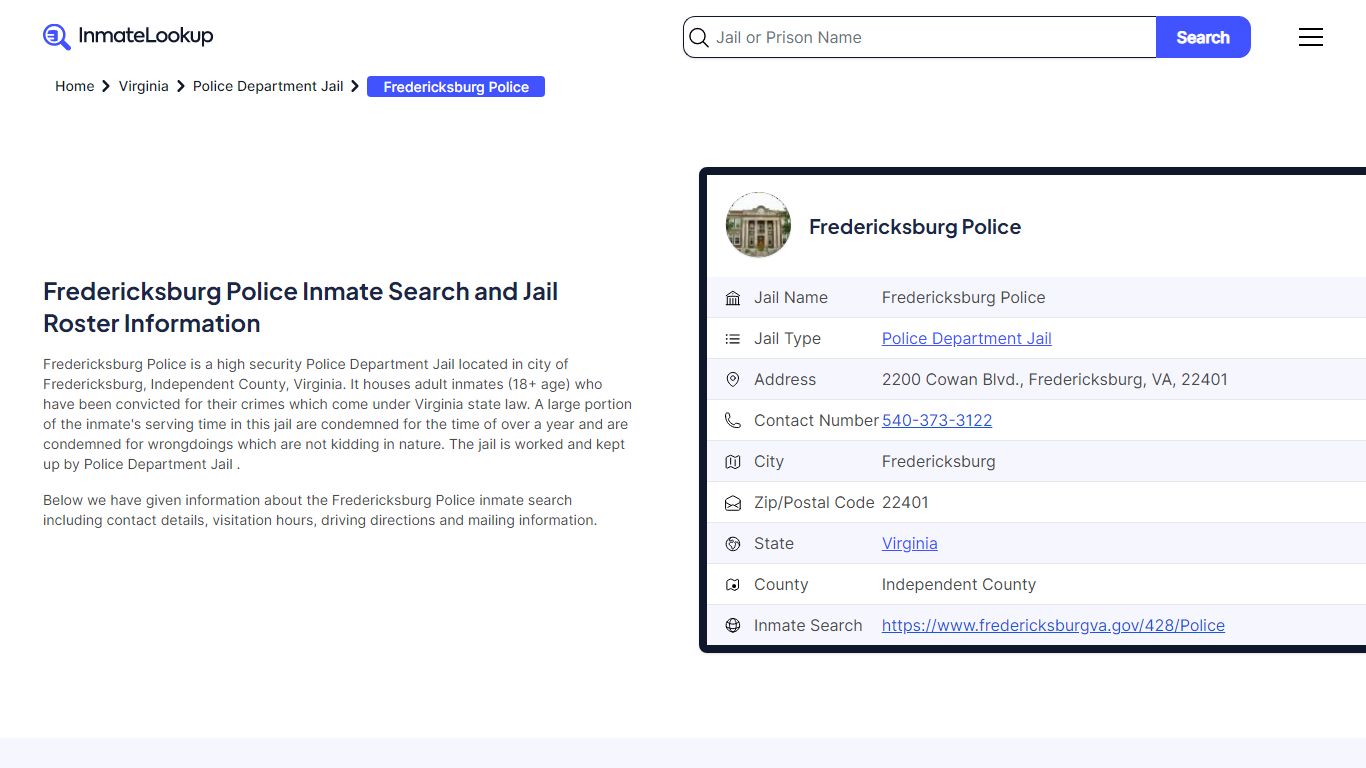 Fredericksburg Police (VA) Inmate Search Virginia - Inmate Lookup